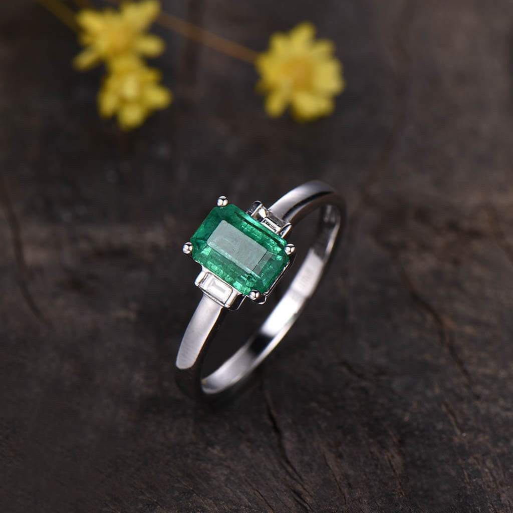 Emerald Cut Emerald Engagement Ring Three Stone