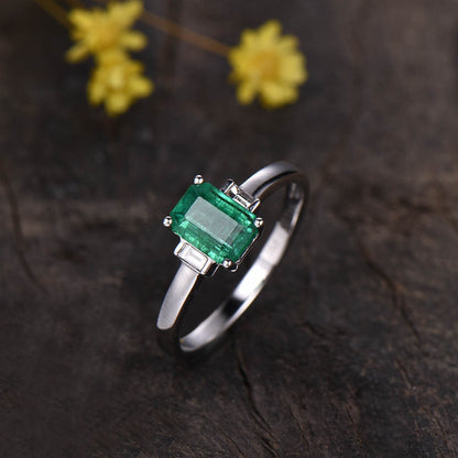 Emerald Cut Emerald Engagement Ring Three Stone