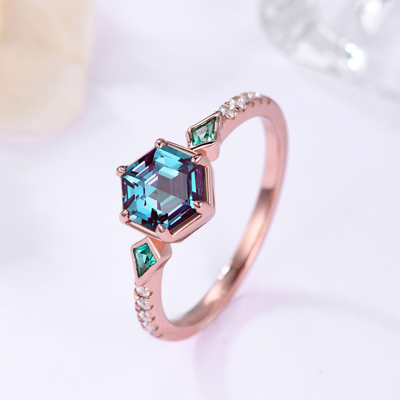 Hexagon Cut Alexandrite Engagement Ring, With Kite Cut & Half Eternity Diamond Band