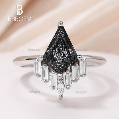 Geometric Knife-Edge Kite Black Rutialated Quartz Engagement Ring White Gold Black Tourmaline Baguette Marquise Moissanite Promise Ring