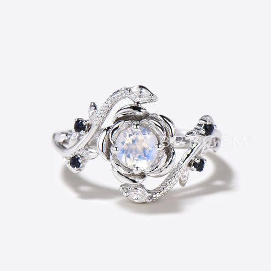 Floral Natural Moonstone Engagement Ring Double Snake Diamond Ring