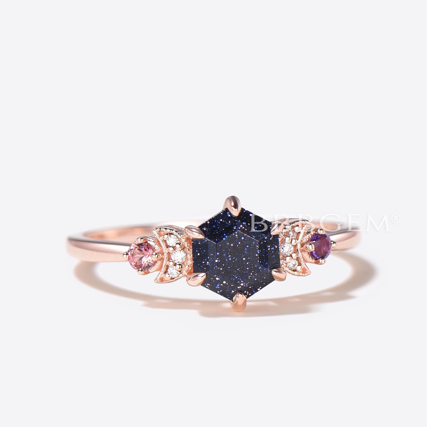 Hexagon Cut Blue Sandstone Engagement Ring Tourmaline Amethyst Cluster Ring