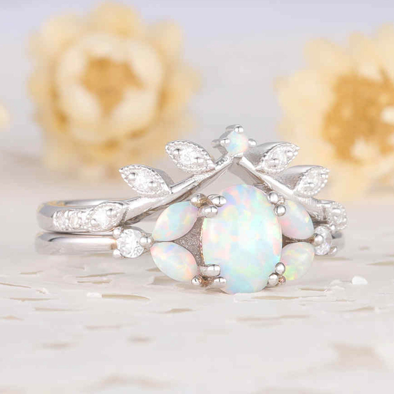 Oval shaped opal ring set white gold diamond matching band bridal set for women