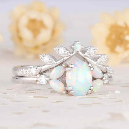 Oval shaped opal ring set white gold diamond matching band bridal set for women