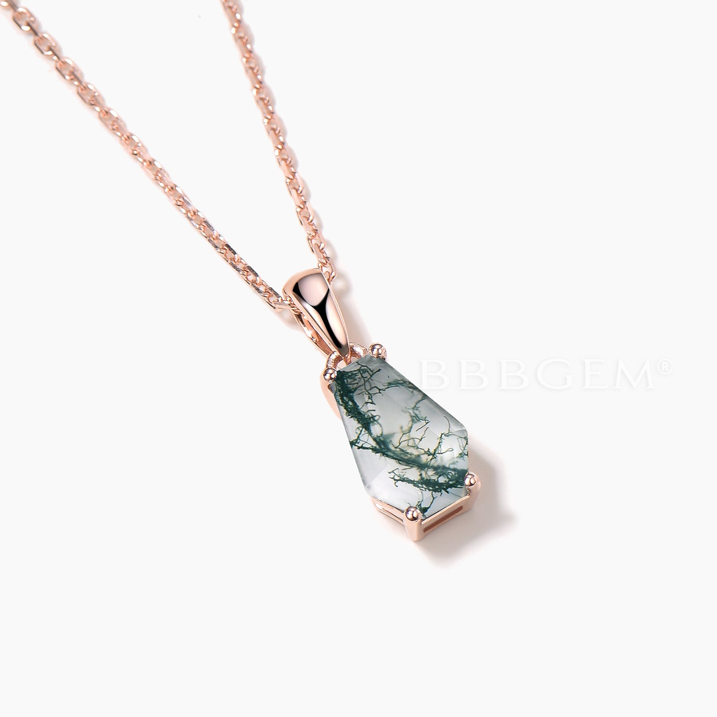 1CT Coffin Cut Natural Moss Agate Necklace Rose Gold Solitaire Pendant
