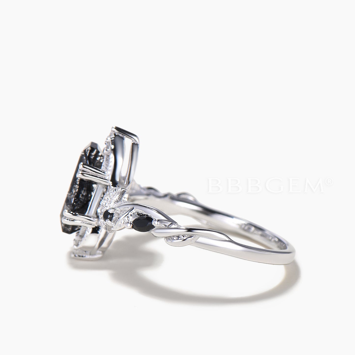 Coffin Cut Black Rutilated Quartz Wedding Ring Diamond Moon Spinel Art Deco Ring