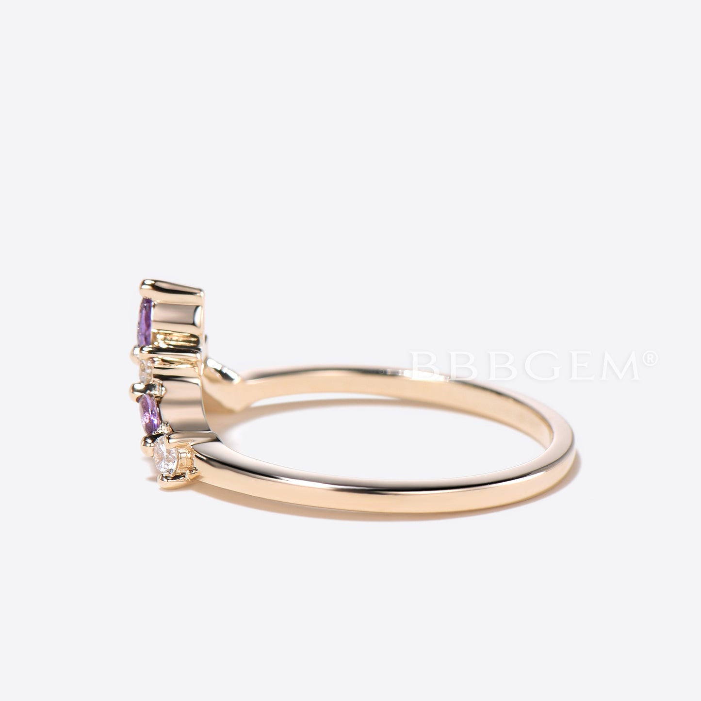 14k Gold Moissanite Amethyst Wedding Band 7 Stone Curved Matching Band