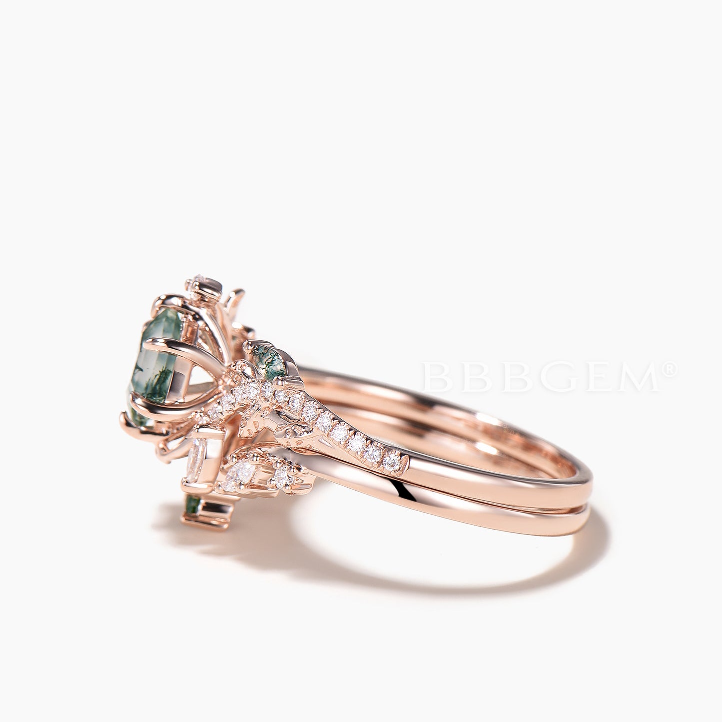 Hexagon Cut Moss Agate Wedding Ring Diamond Accent Nature Inspired Ring Set