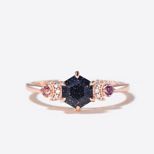 Hexagon Cut Blue Sandstone Engagement Ring Tourmaline Amethyst Cluster Ring