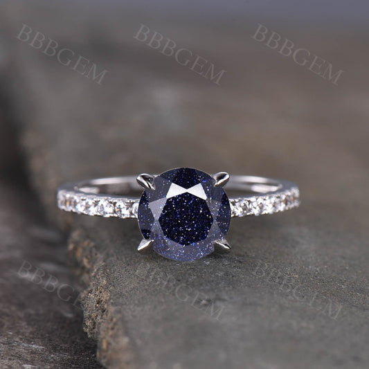 White Gold Blue Sandstone Diamond Wedding Ring-BBBGEM Blue Sandstone Engagement Ring