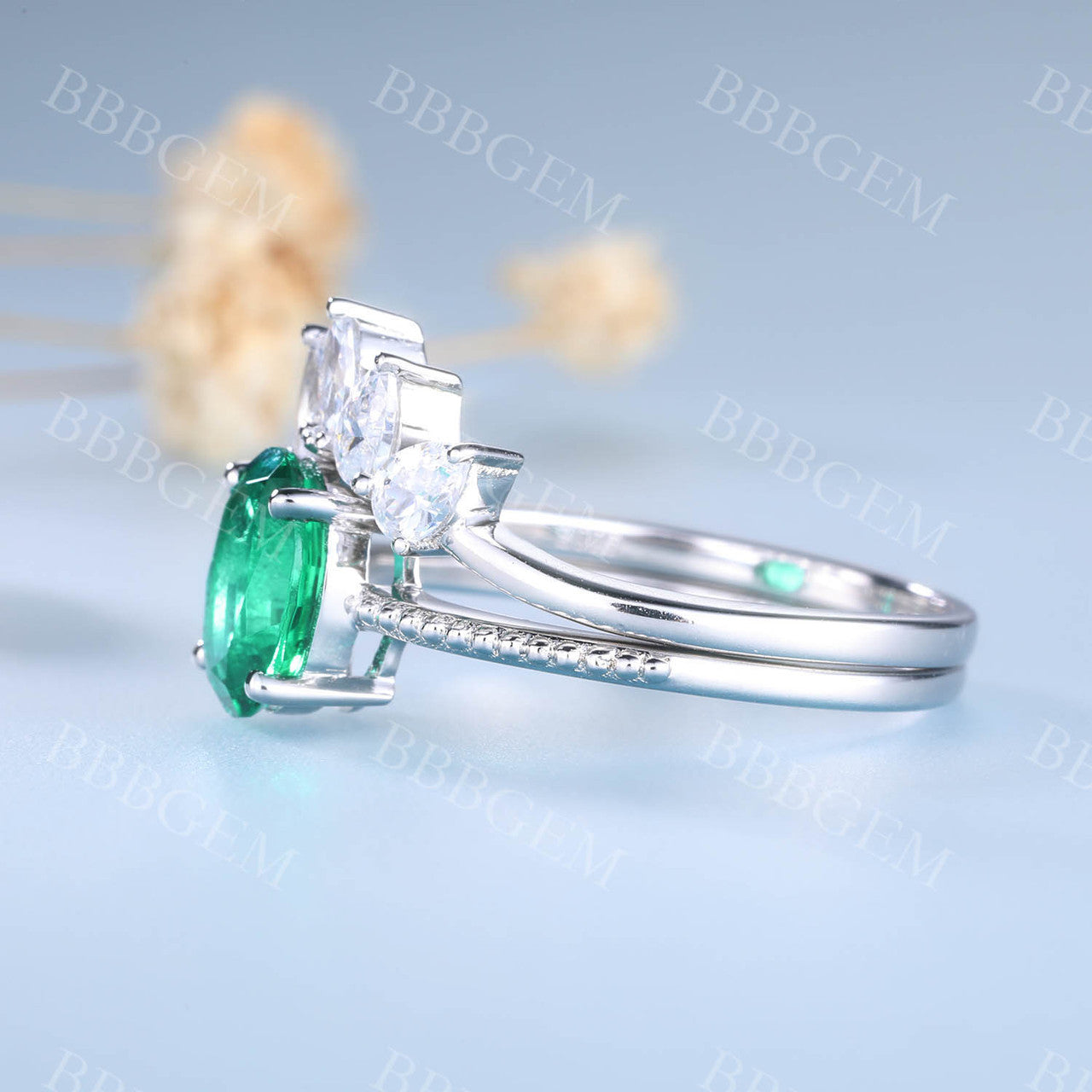 Emerald Engagement Set Diamond Curved Stacking Band Bridal Ring Set