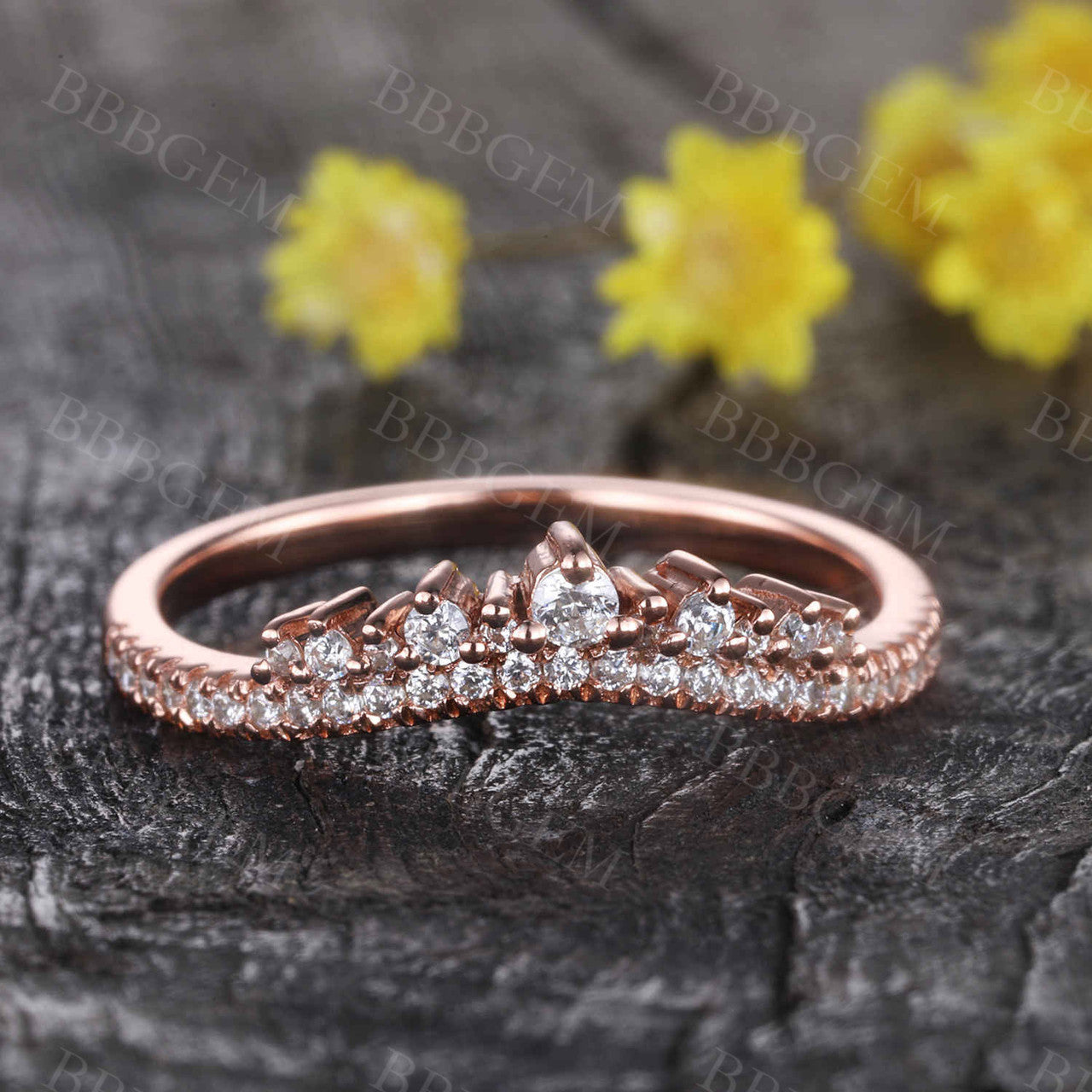 Rose Gold Diamond Curved Wedding Band Art Deco V Shaped Stacking Ring Chevron Crown Wedding Ring