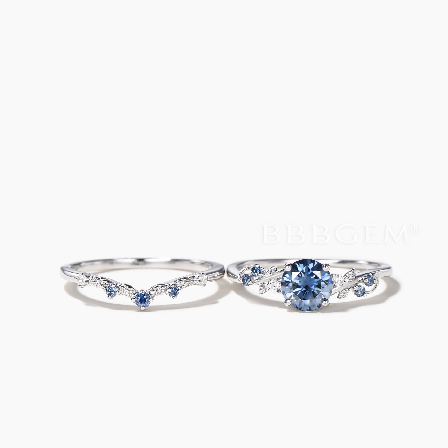 1CT Round Cut Blue Moissanite Leaf Engagement Ring Moissanite Leaf Bridal Set