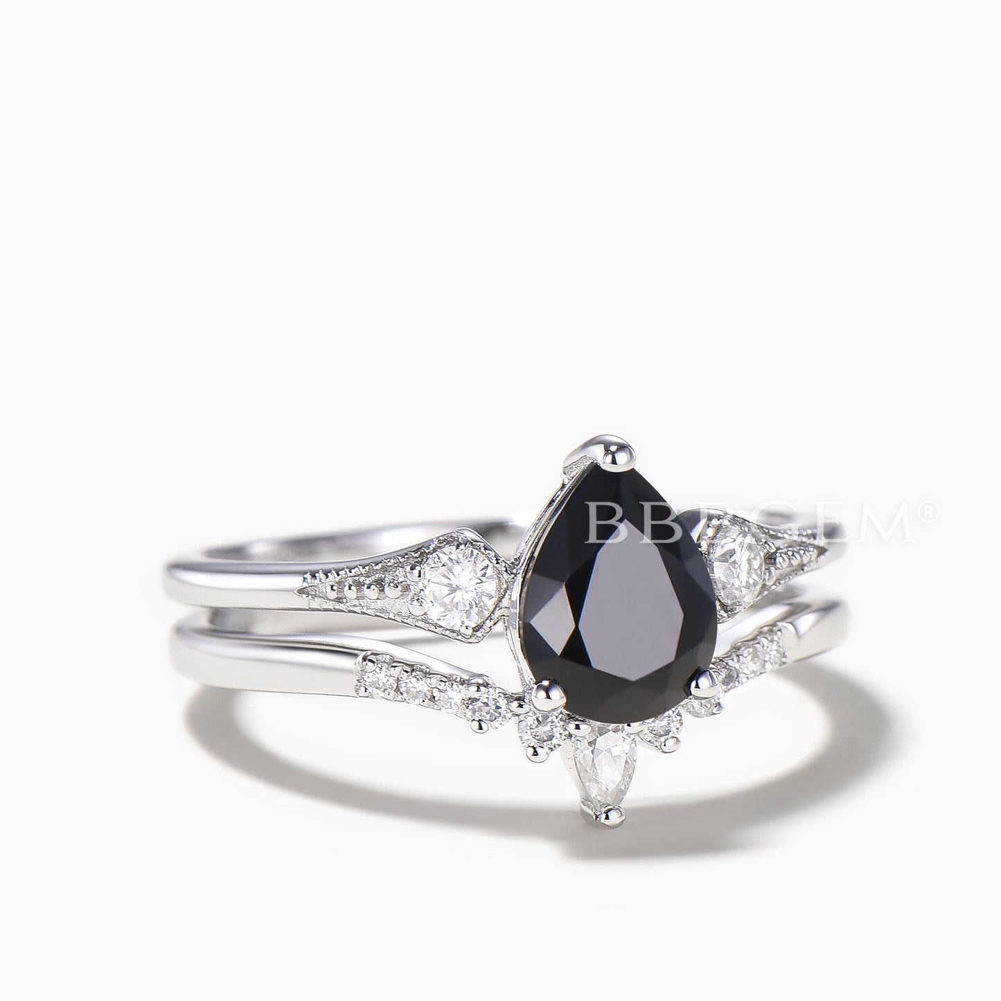 Teardrop Cut Natural Black Onyx Engagement Ring Moissanite Curved Bridal Set