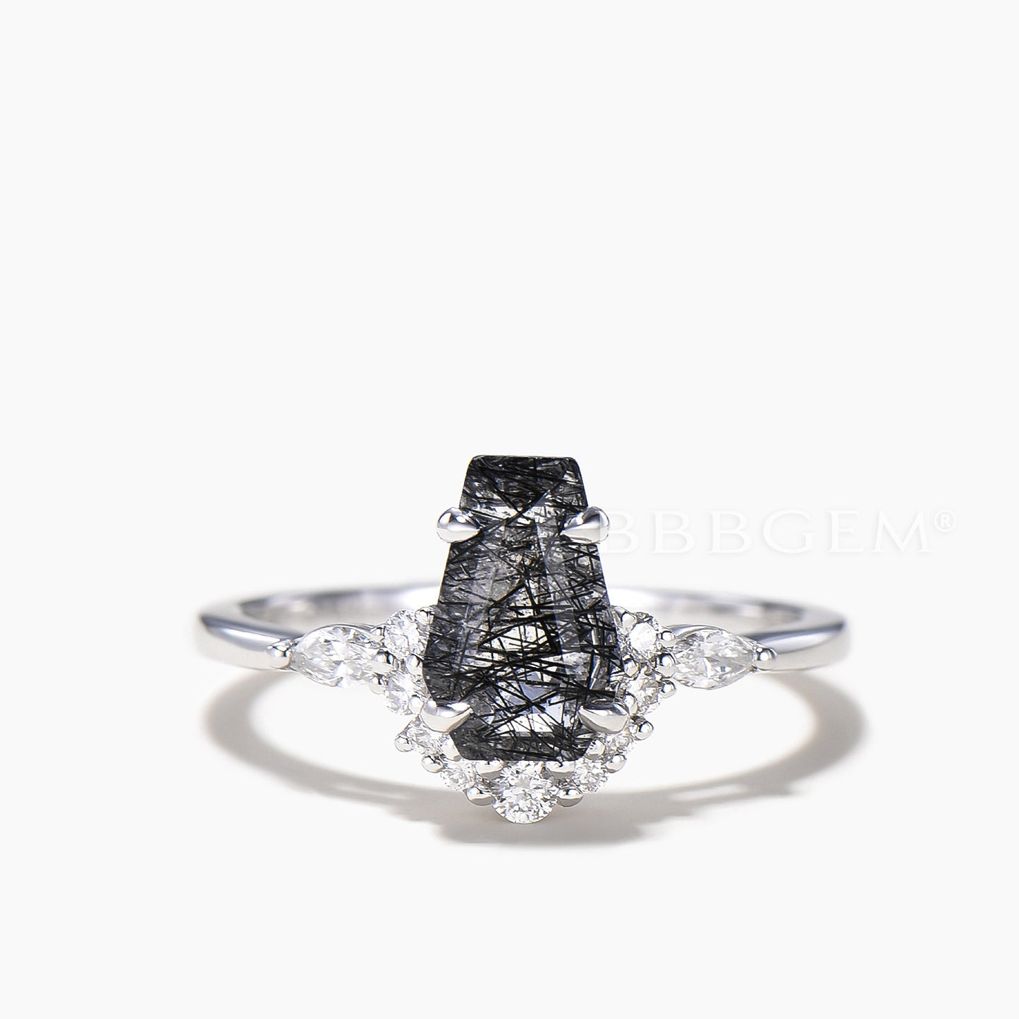 Coffin Natural Black Rutilated Quartz Wedding Ring Diamond Curved Band Ring Set