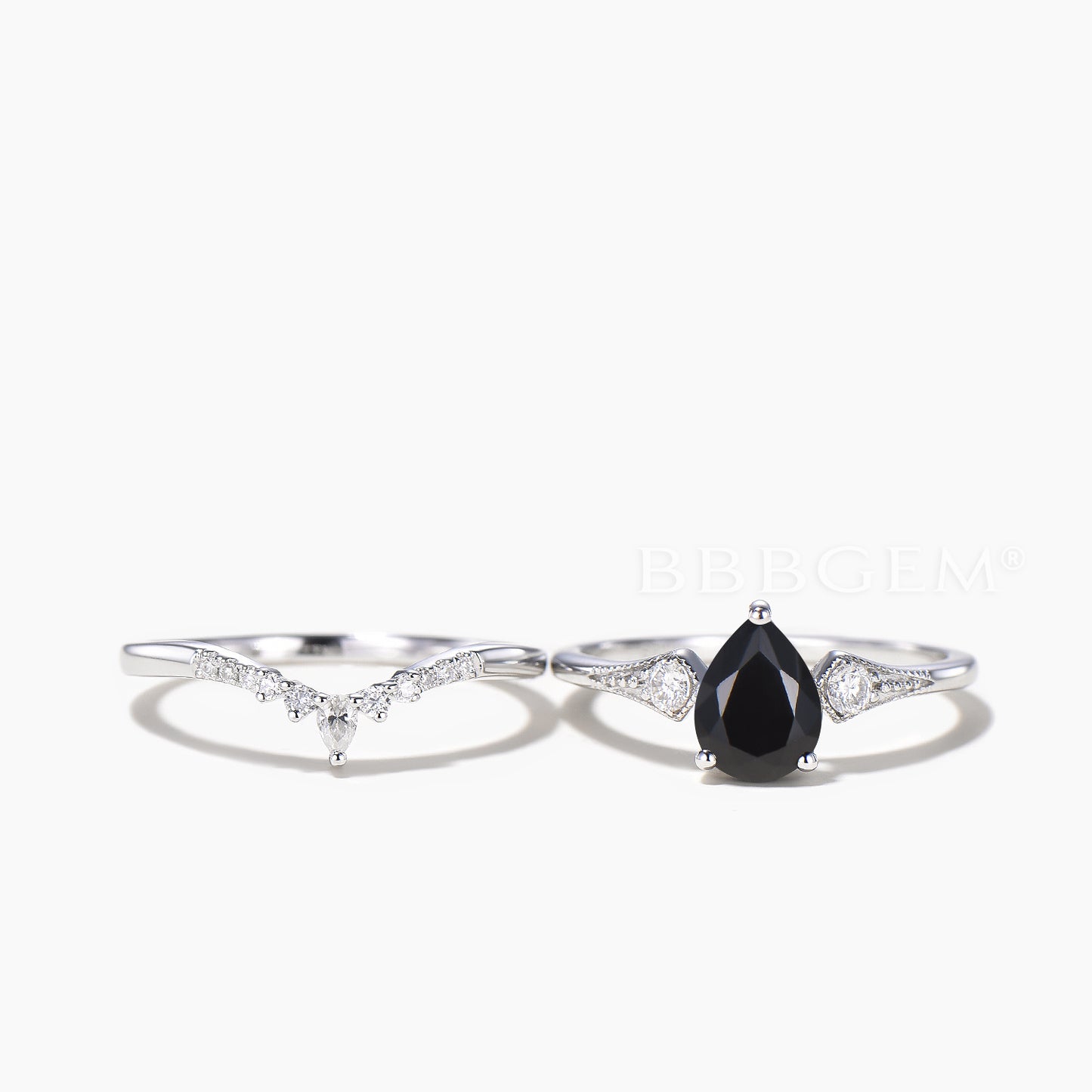Teardrop Cut Natural Black Onyx Engagement Ring Moissanite Curved Bridal Set