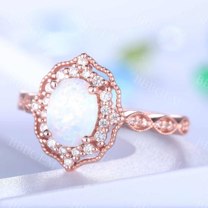 Opal Ring Vintage Opal Engagement Ring Rose Gold Art Deco Ring Women Diamond Eternity Band