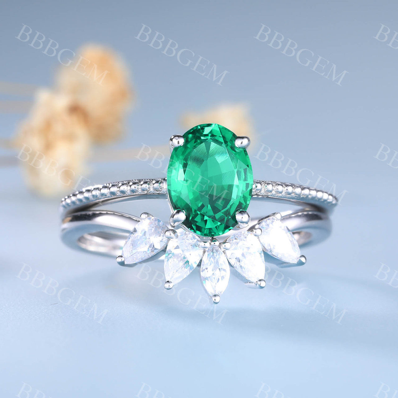 Emerald Engagement Set CZ Curved Stacking Band Bridal Ring Set