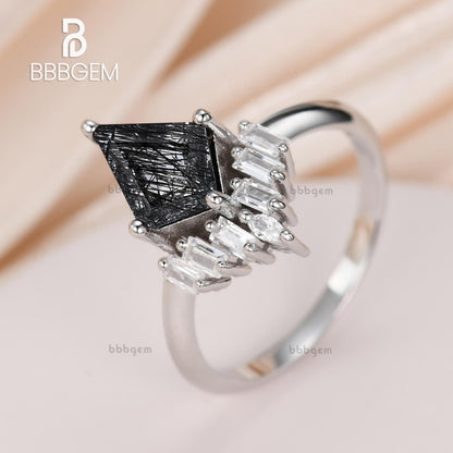 Geometric Knife-Edge Kite Black Rutialated Quartz Engagement Ring White Gold Black Tourmaline Baguette Marquise Moissanite Promise Ring