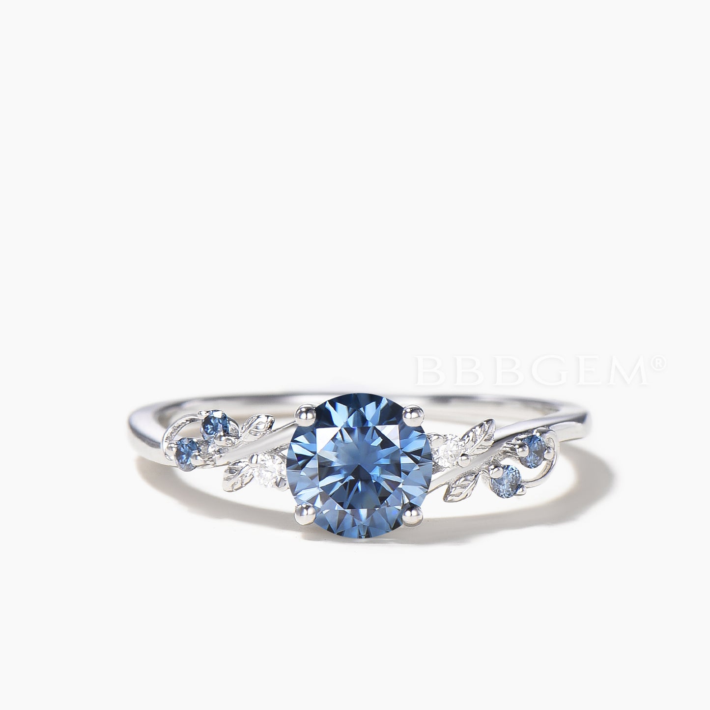 1CT Round Cut Blue Moissanite Leaf Engagement Ring Moissanite Leaf Bridal Set