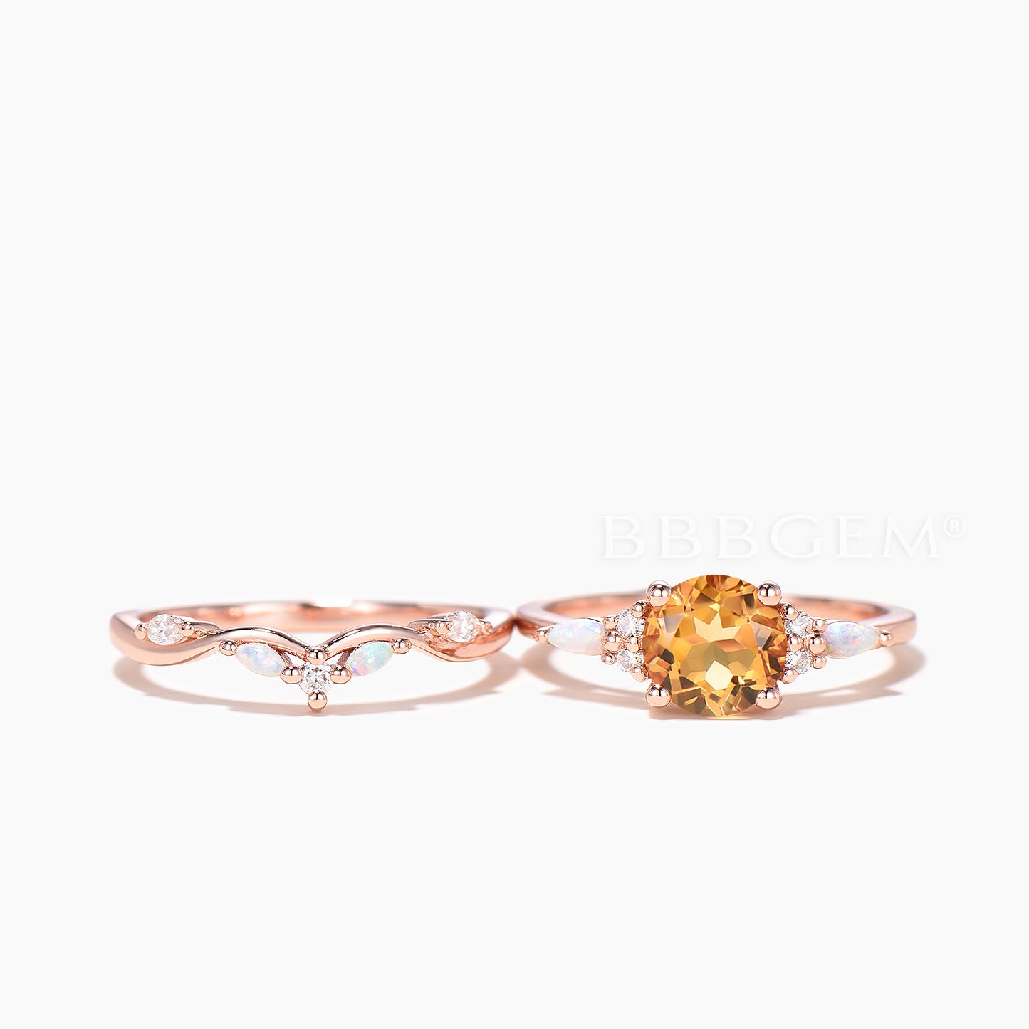 1.2CT Round Cut Natural Citrine Wedding Ring Set Opal Diamond Curved Band