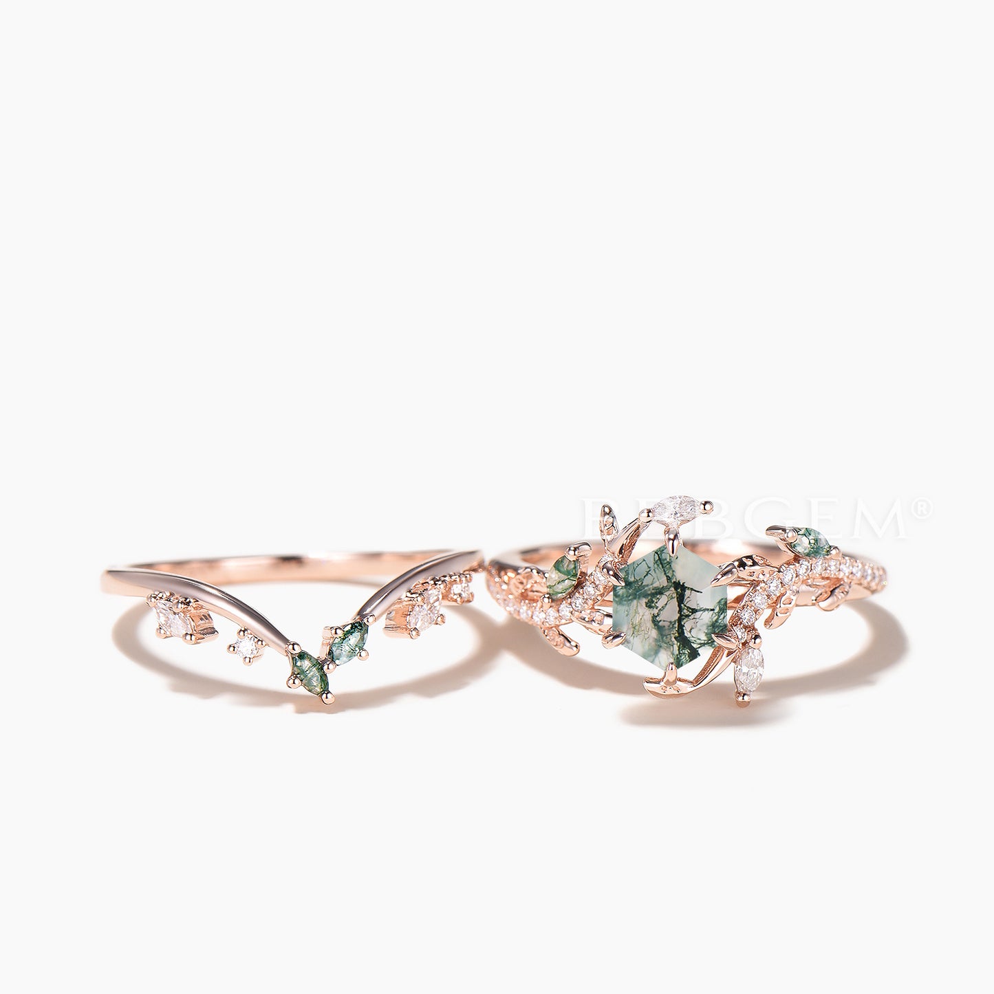 Hexagon Cut Moss Agate Wedding Ring Diamond Accent Nature Inspired Ring Set