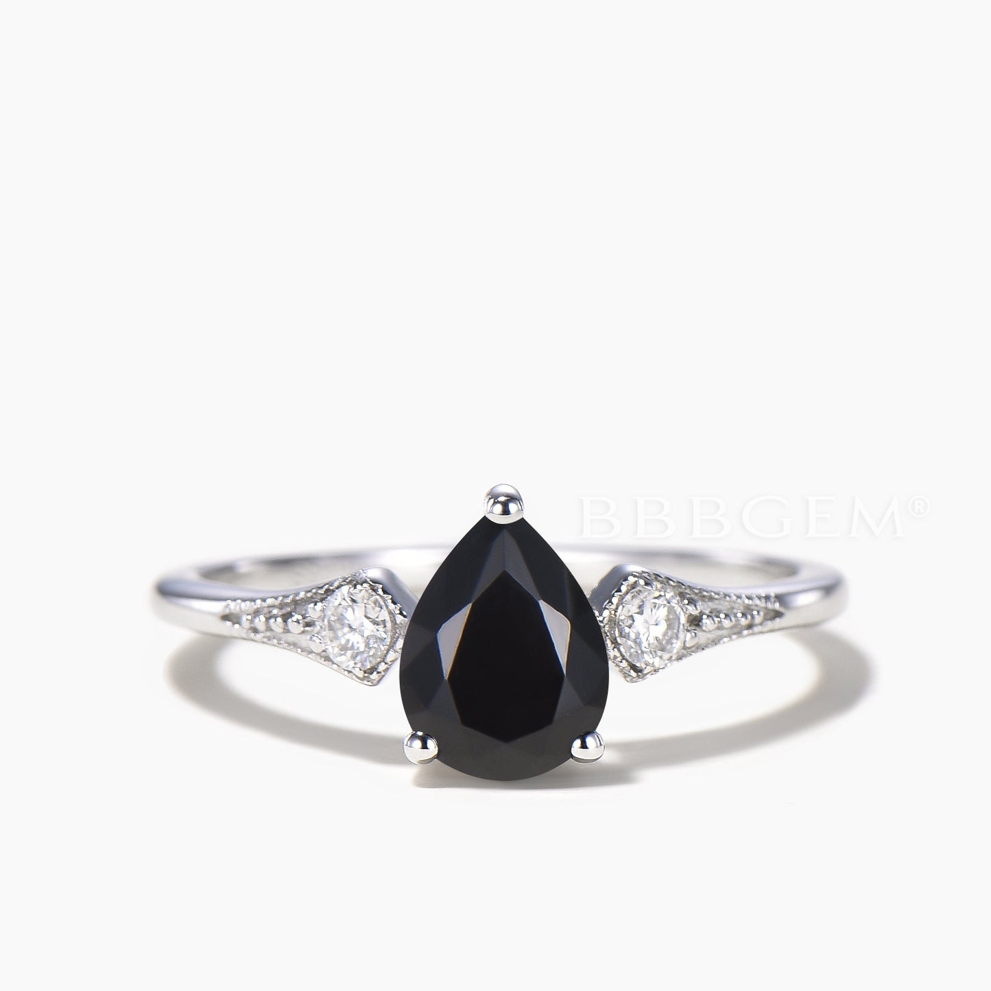 Teardrop Cut Natural Black Onyx Engagement Ring Moissanite Curved Bridal Set