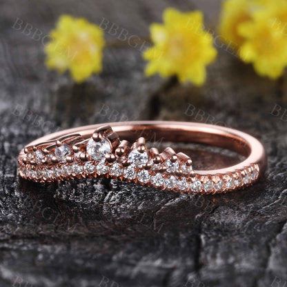 Rose Gold Diamond Curved Wedding Band Art Deco V Shaped Stacking Ring Chevron Crown Wedding Ring