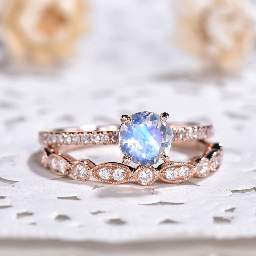 Round Cut Moonstone Engagement Ring Set 05