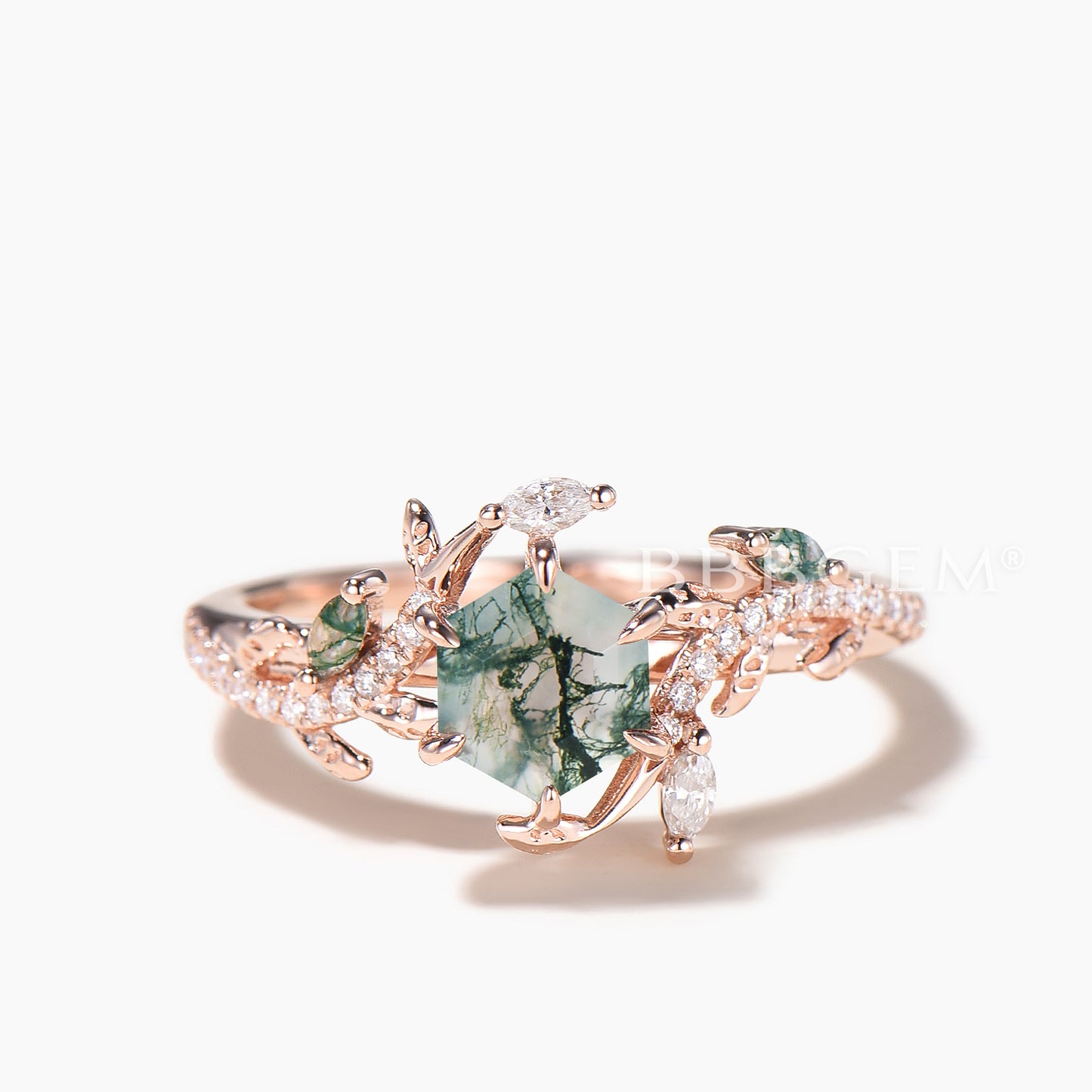 Hexagon Cut Moss Agate Wedding Ring Diamond Accent Nature Inspired Ring Set