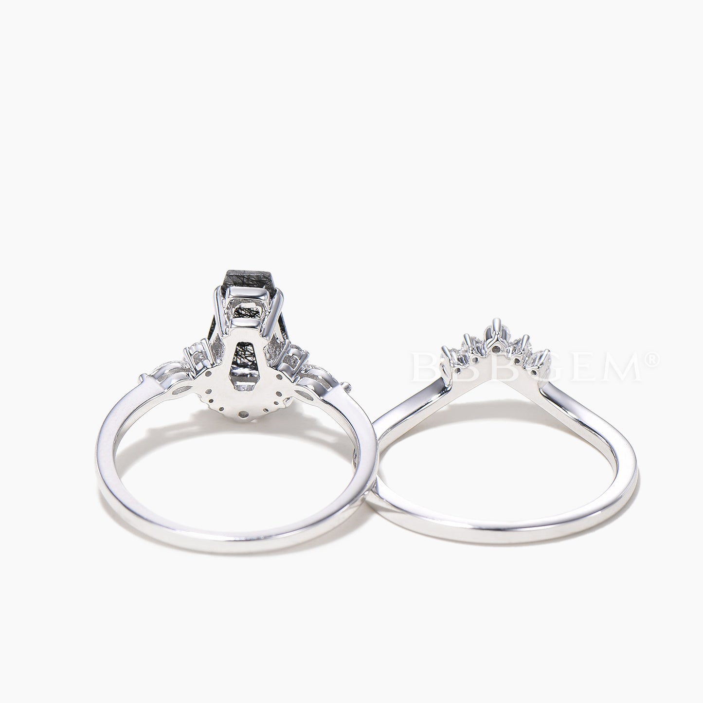 Coffin Natural Black Rutilated Quartz Wedding Ring Diamond Curved Band Ring Set