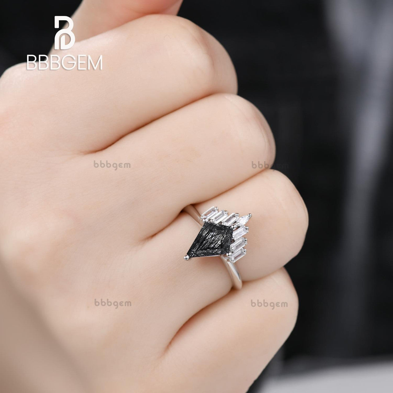 Geometric Knife-Edge Kite Black Rutialated Quartz Engagement Ring White Gold Black Tourmaline Baguette Marquise Moissanite Promise Ring