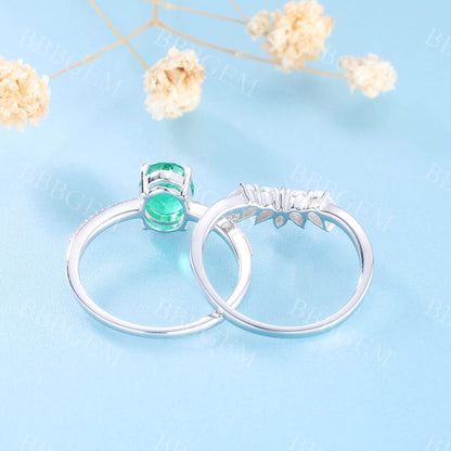 Emerald Engagement Set Diamond Curved Stacking Band Bridal Ring Set