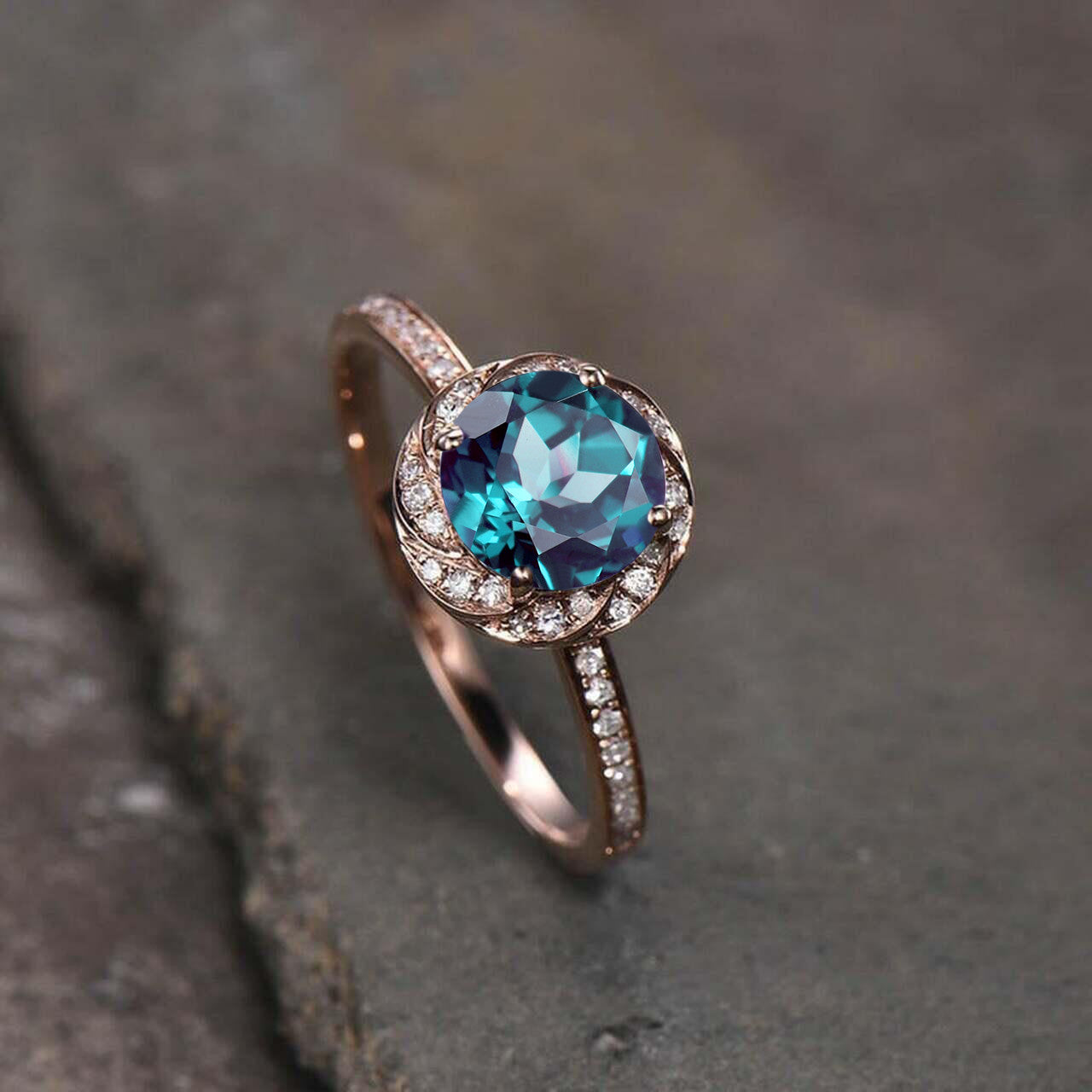 Alexandrite Diamond Halo Engagement Ring Rose Gold Wedding Ring