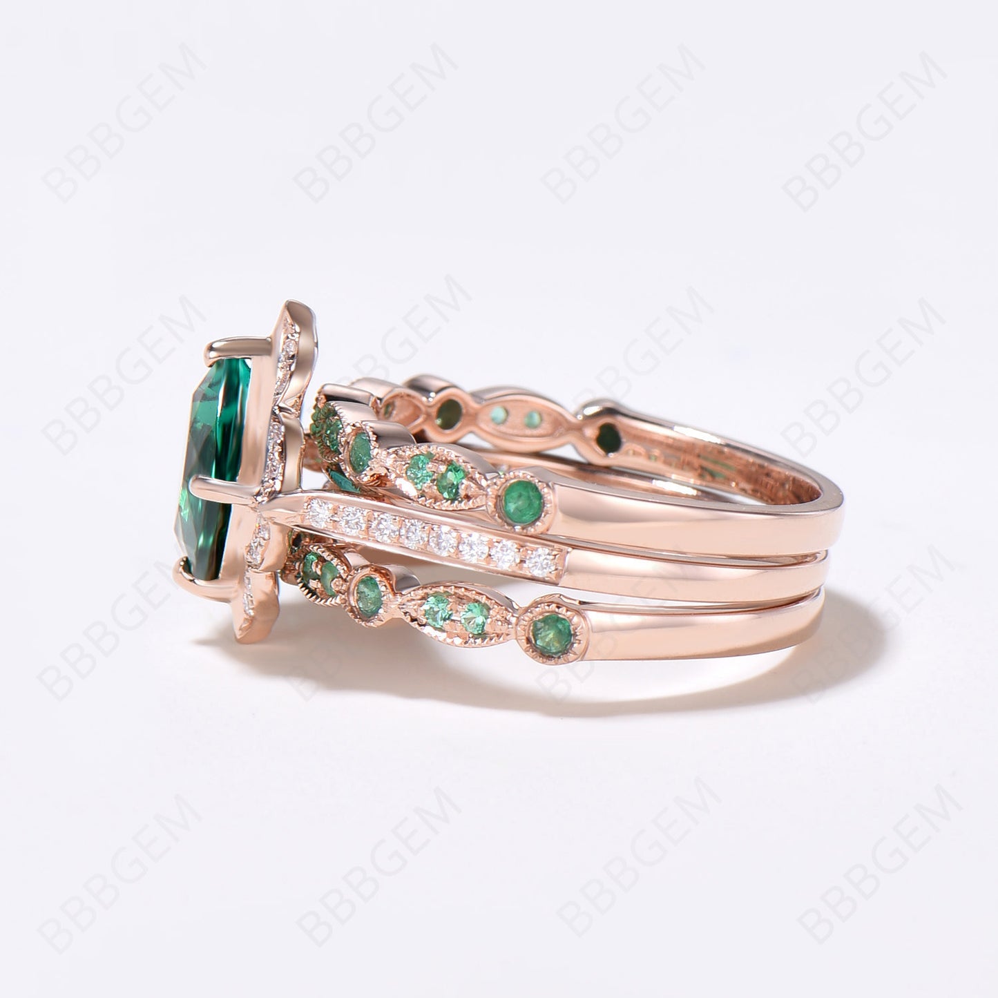 3PCS Flower Emerald Ring Set Halo Diamond Engagement Ring