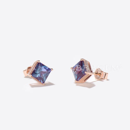 Princess Cut Alexandrite Stud Earrings Minimalist June Birthstone Wedding Earrings