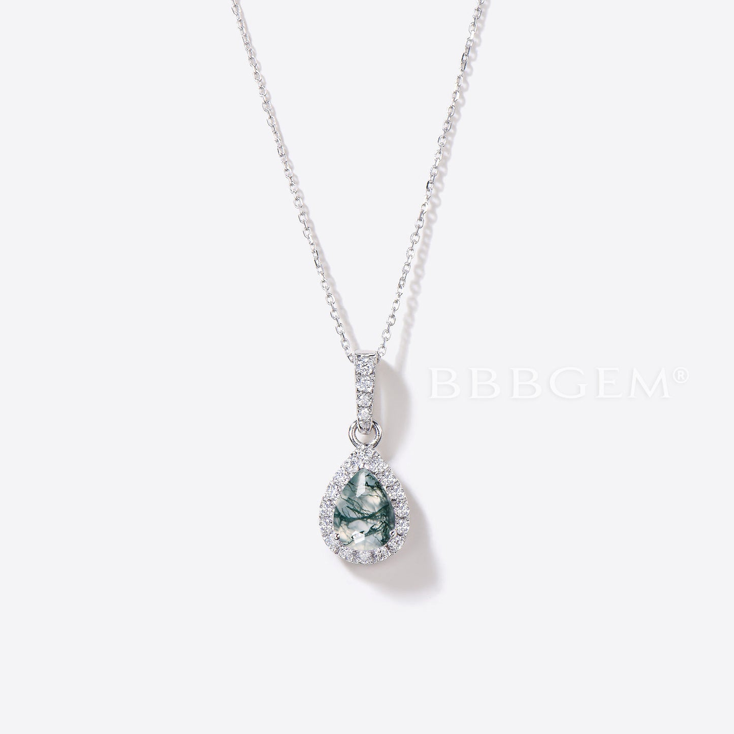 Teardrop Green Moss Agate Pendant Diamond Halo Necklace Charm Necklace