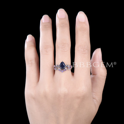 Twig Leaf Pear Blue Sandstone Ring Set Cluster Amethyst Ring