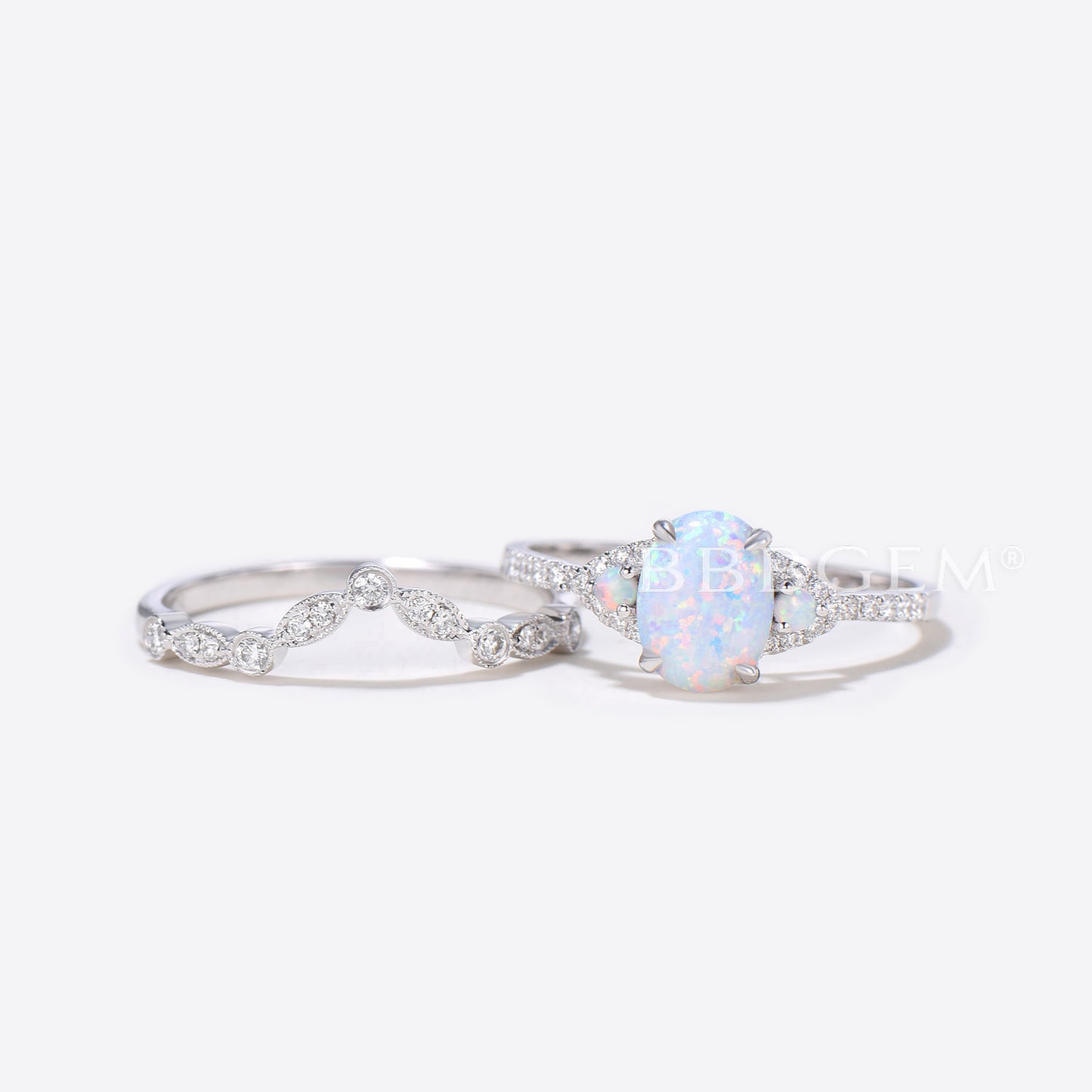 Three Stone Oval Opal Wedding Engagement Ring Set Rose Gold Diamond Matching Band