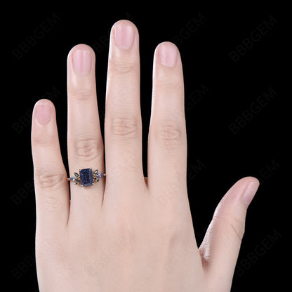 2ct Emerald Cut Starry Sky Blue Sandstone Engagement Ring 14k Gold Blue Goldstone Ring Cluster Alexandrite Agate Ring 7 Stones Ring