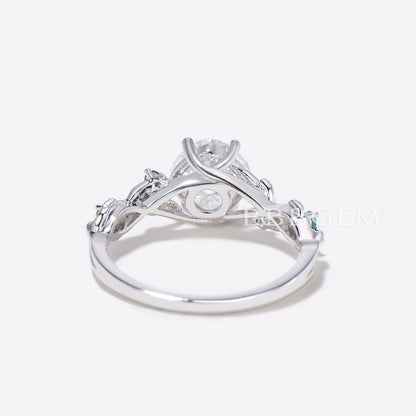 Cushion Cut Moissanite Engagement Ring White Gold Leaf Emerald Ring