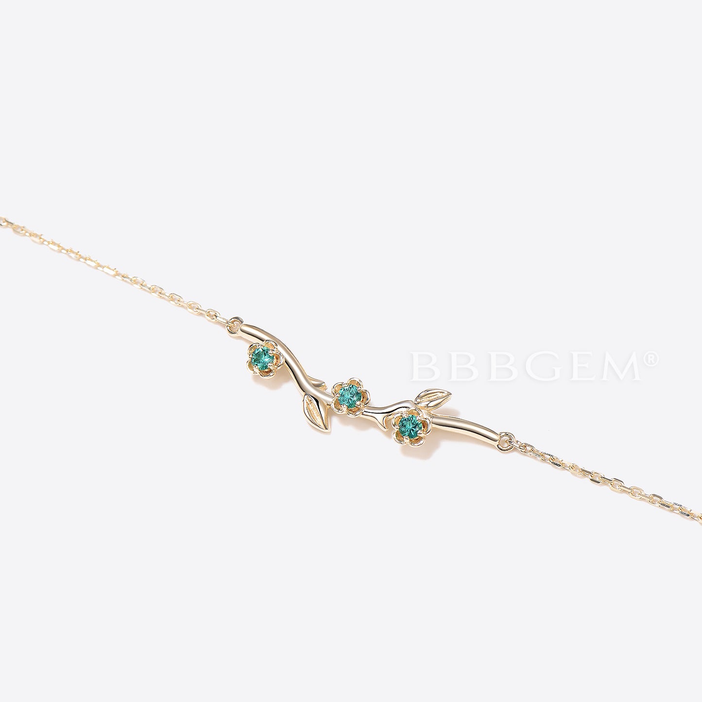 14k Solid Gold Leaf Bracelet Nature Inspired Emerald Floral Bracelet