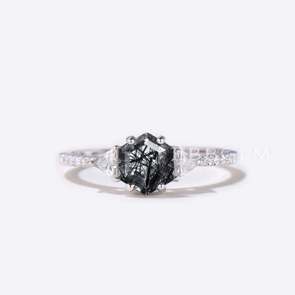 Hexagon Black Rutilated Quartz Engagement Ring Diamond Ring