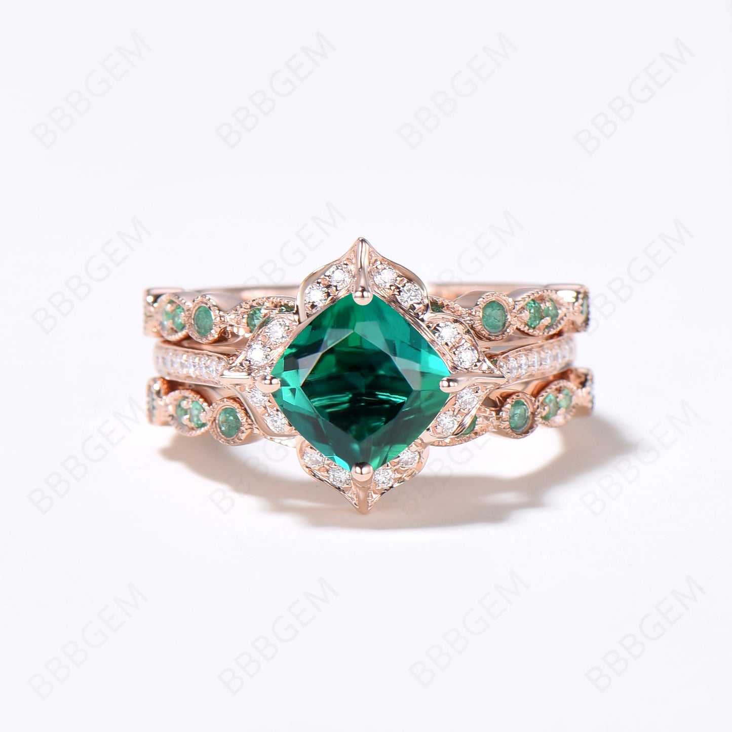 3PCS Flower Emerald Ring Set Halo Diamond Engagement Ring