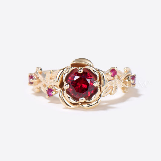 Floral Round Ruby Engagement Ring Solid Gold Leaf Bridal Ring Rose Flower July Birthstone Wedding Ring