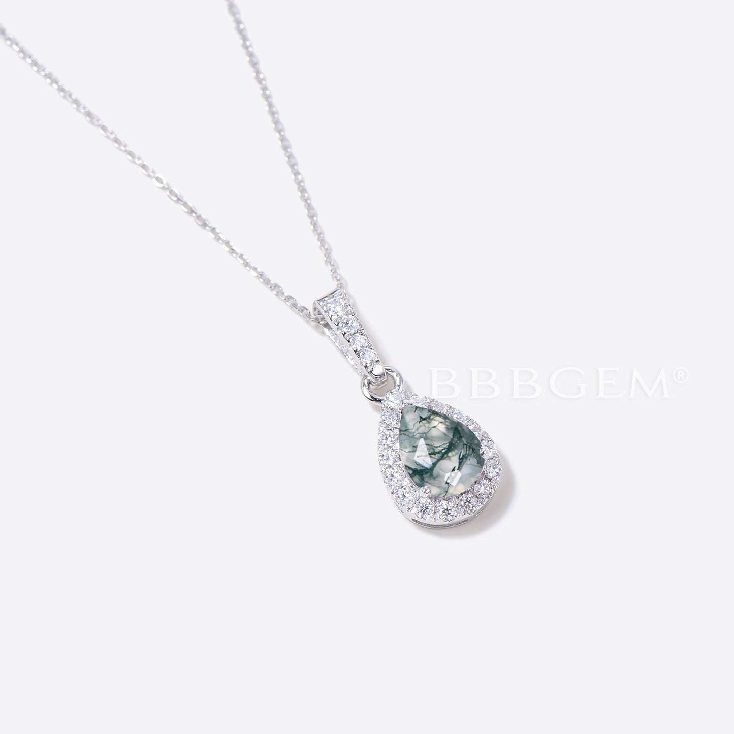 Teardrop Green Moss Agate Pendant Diamond Halo Necklace Charm Necklace