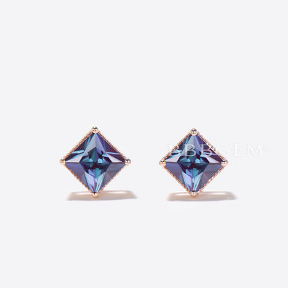 Princess Cut Alexandrite Stud Earrings Minimalist June Birthstone Wedding Earrings