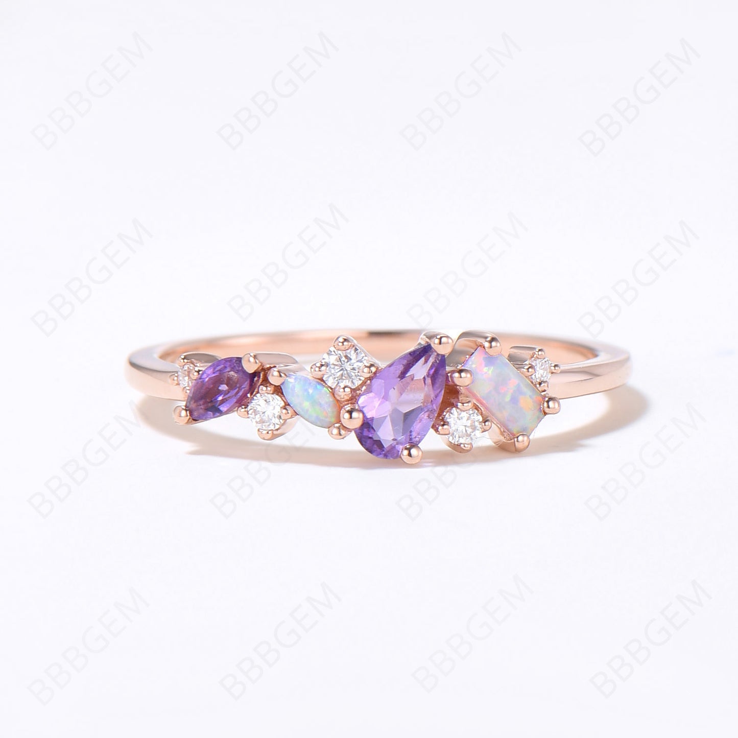 Vintage Pear Amethyst Wedding Band Rose Gold Opal Moissanite Cluster Wedding Ring Art Deco Mixed Stone Promise Band Multi Birthstone Ring Everyday Band