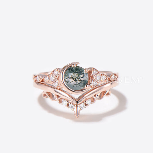 Celestial Moon Moss Agate Engagement Ring Celtic Diamond RIng