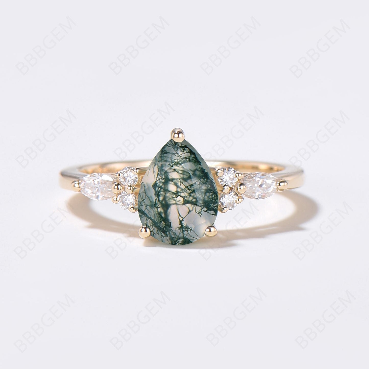 14K Yellow Gold Teardrop Moss Agate Engagement Ring